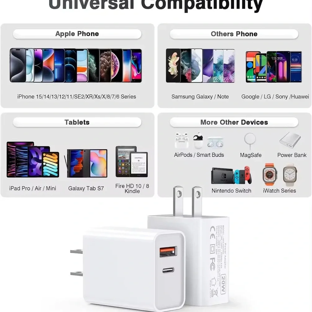 USB C Wall Charger Block 20W,1-Pack Dual Port PD Fast Type C Charging Plug